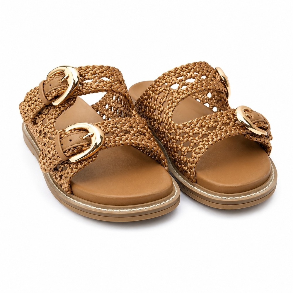 JOIE "Weaver" Woven Buckle Slide Sandals Sz 8 Gold Tan Beach Resort Coastal NWOB
